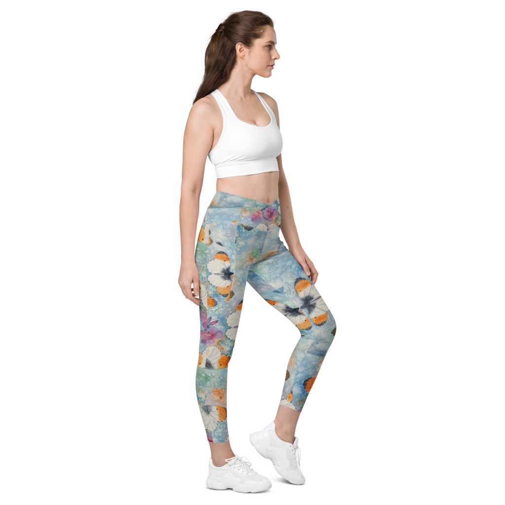 Crossover Yoga leggings with pockets (Orange Tip Butterflies)
